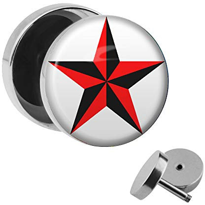 Treuheld | Ohrstecker zum Schrauben - Stern Schwarz Rot - Nautischer Stern - Fake-Plug mit Gewinde - Edelstahl Fake-Tunnel Ohr-Ring - Nautic Star weiß Silber - Ohr-Piercing - Nautical Ohr-Stecker