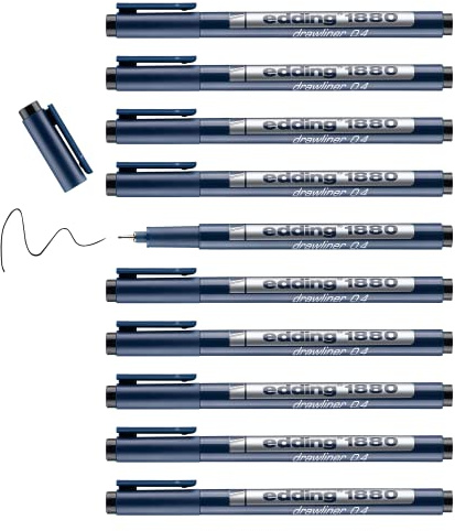 edding 1880 profipen - black - 10 pens - line width 0.45 mm - fineliner pen for precise writing, sketching and technical drawing - fine, metal-encased nib - suitable for use with rulers and stencils