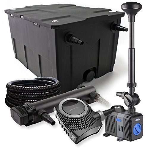 SunSun Komplettset: CBF-550 Teichfilter bis 60000 L Teichfilteranlage, NEO10000 Teichpumpe 10000l/h 80W, CUV-336 Teichklärer 36W, 25m Teichschlauch 25 mm, CTP-5003 Springbrunnen 5000l/h 30W