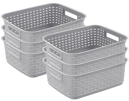Sterilite Short Weave Basket, Rectangular Plastic Décor Bin, Gray, 6 Pack