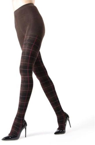 MeMoi Glasgow Plaid Cotton Tights for Women, Cozy, Warm and Fashionable Patterned Sweater Tights - Sizes Small to 6X, Brown Heather, S/M