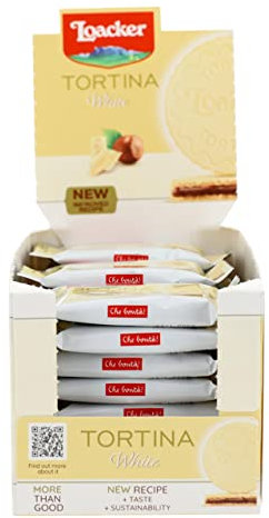 Loacker - Tortine Gran Pasticceria White - Tortine con Cuore di Crema alla Nocciola e Cialde Wafer, Ricoperte di Cioccolato Bianco - Merenda e Snack - 1 Confezione da 24 Tortine