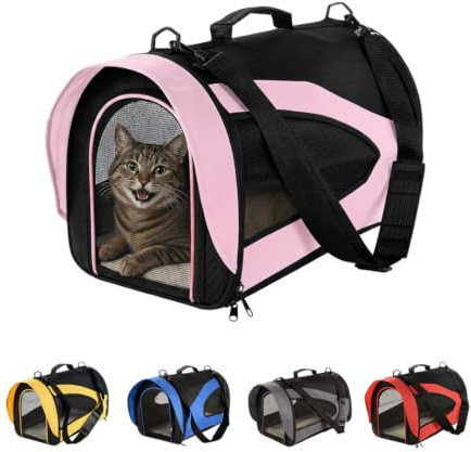 Floofy Friends Pet Carrier Bag, Large Cat Carrier Puppy Dog Carrier for Small Dogs Cats Kittens Rabbits With Reversible Fleece Mat, Foldable Travel Crate for Car Pink