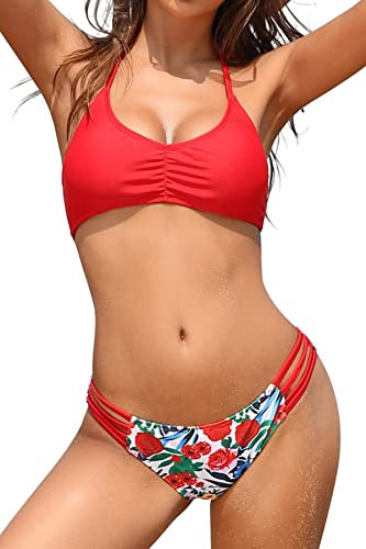 SHEKINI - Bikini sexy da donna, con push-up e spalline sul collo, stampa floreale, costume da bagno a due pezzi Colore: rosso L