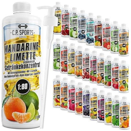 C.P. Sports Getränkesirup MANDARINE-LEMON für Mineraldrink I VITAMINE + ZUCKERFREI* I Getränkekonzentrat Sirup 1:80 zum Mixen mit Wasser für Vital-Drink Sport-Getränk I 1 Liter + Pumpspender