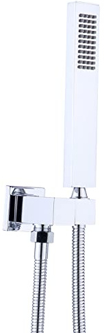 ENGA Square Solid Brass Hand Held Wand Shower Head with Wall Connector and Stainless Steel Hose Set, Chrome