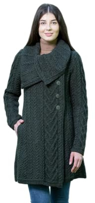 SAOL Cardigan classique en tricot torsadé 100 % laine mérinos avec poches pour femme, vert, X-Large