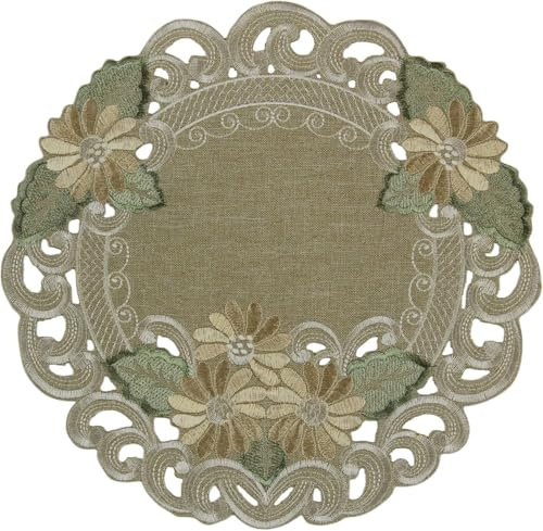 Tischaufleger Tisch-Deckchen Leinen-Optik Blumen Stickerei ca. 30 cm Rund Polyester, Grün-Beige