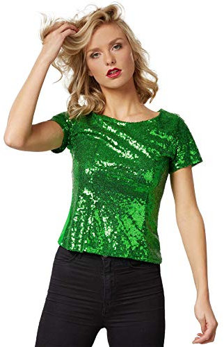 dressforfun 901013 Damen Pailletten Top, Glitzer Kurzarm Oberteil, grün - Diverse Größen - (L)
