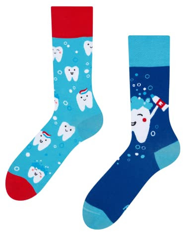 Dedoles Socken Unisex Damen Herren & Kinder Baumwolle viele lustige Designs 1 Paar Geschenk links rechts verschieden, Farbe Blau, Motiv Reine Zähne, Gr. 39-42