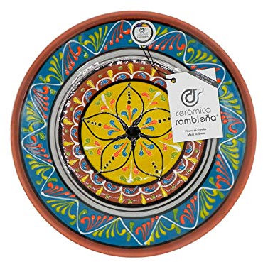 CERÁMICA RAMBLEÑA | Dekorativer Teller zum Aufhängen | Keramikteller | Mediterraner Dekoteller Blau-Weiß-Gelb | 100% Handarbeit | 21x21x2.5 cm