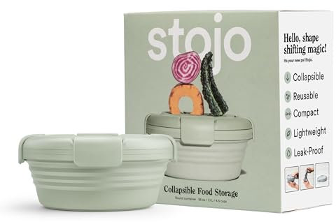 STOJO Faltbare Schüssel für unterwegs – 1,1 l – wiederverwendbare runde Reise-Lunchbox mit Deckel – faltbarer Silikon-Aufbewahrungsbehälter – nestbar und stapelbar – spülmaschinen- und
