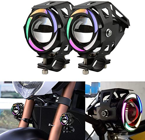 DREAMIZER Led scheinwerfer U7 LED Motorrad Scheinwerfer Spotlight DRL Universal Motorrad Tagfahrlicht mit Buntem Angel Eyes Halo Ring, 2PCS.