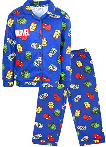 Marvel - Kinder-Schlafanzug – blauer Knopfleiste mit Marvel Superhelden – 100% Baumwolle Nachtwäsche – Offizieller Marvel Merchandise