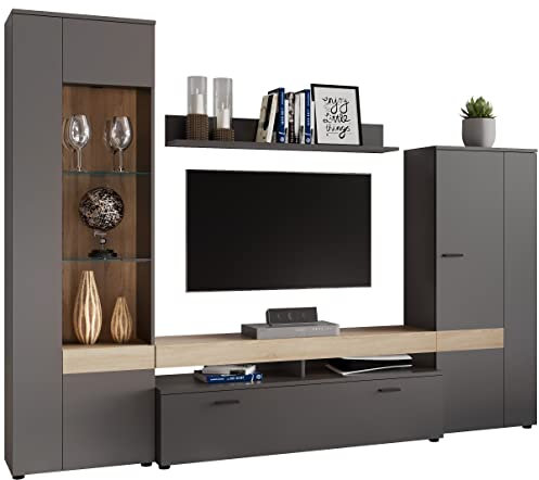 Newroom Wohnwand Anthrazit Schrankwand Modern - 260x195x42 cm (BxHxT) - Anbauwand - [Annouk.one] Wohnzimmer Wohnstube Büro