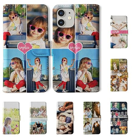 Tirita Personalised Custom Photo Wallet Flip Phone Case Compatible with iPhone 7 Plus & 8 Plus - [08- Four Photos Collage with Pink Heart]