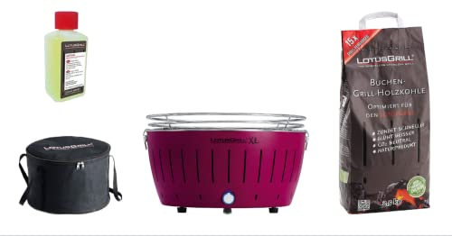 LotusGrill XL Starter-Set, 1 griglia, 1 carbone di faggio da 2,5 kg, 1 pasta combustibile da 200 ml, 1 borsa per il trasporto (Purple)