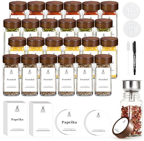 35 quadratische Flaschen mit Akazienholzdeckeln Set Gewürzdosen 120M, Transparent Spice Jars, Zwei Typen Von Gewürzsieben Gewürzstreuer, Praktisch Gewürzgläser Set