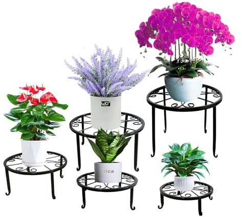 5 Pack Metal Plant Stand for Indoor and Outdoor, Rustproof Iron Round Heavy Duty Flower stand For Multiple Plant shelf, Planter, Potted Plant Holder for Garden Home-Assorted 5 Sizes-Black