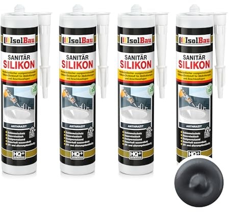 Isolbau Sanitär Silikon 4 x 300 ml Anthrazit - Hochelastischer Silikon-Dichtstoff für Abdichtungen & Fugen - wasserdicht - Kartusche