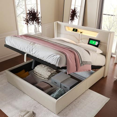 KOMHTOM Lit Rembourré avec Rangement sous Lit, LED et Tête de Lit, Sommier à Lattes pour Adultes, Adolescents (sans Matelas) (Beige, 140x200CM)