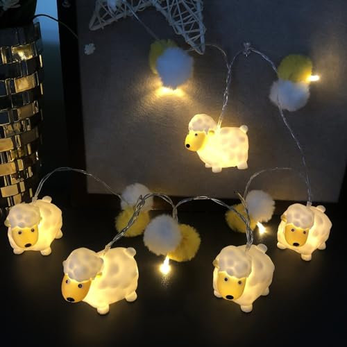 Riaxuebiy Niedliche Schaf Lichterketten Pompons Lamm Form Nachtlicht Batteriebetriebenes für Halloween Thanksgiving Bauernhaus Party Kinder Schlafzimmer Dekoration (Texeler Schaf)