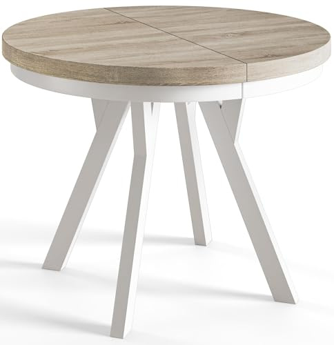 AlpiMeble Esstisch Ausziehbar Evo, Stabile Konstruktion, 120-220cm, Sonoma | Runder Tish, Moderner Wohnzimmertisch und Küchentisch, Weiße Beine