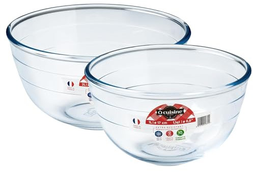 Ôcuisine® Bowl Glass Round Mixing & Prep Bowls | Extreme Resistance | Oven Safe - Freezer Safe - Microwave Safe | Borosilicate Glass | Made in France (Mixing Bowl Set of 2 (1, 2LT))