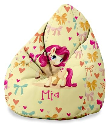 DreamRoots Sitzsack Kinder personalisiert 70x70x105, Pony | Personalisierte Geschenke Kinder, Bean Bag, Kindersitzsack, Kinderzimmer, mit Füllung, Sitzkissen Boden