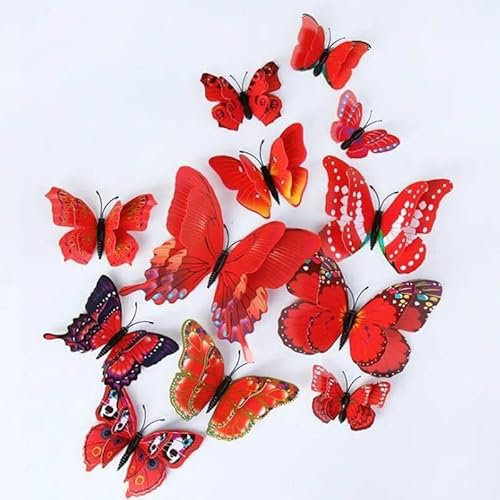 Lohill 36 Stück 3D Schmetterlinge Wanddeko, Butterfly Wandsticker 3D Wandtattoo Balkon Deko, Simulation Kunststoff Kühlschrankaufkleber (Rot)