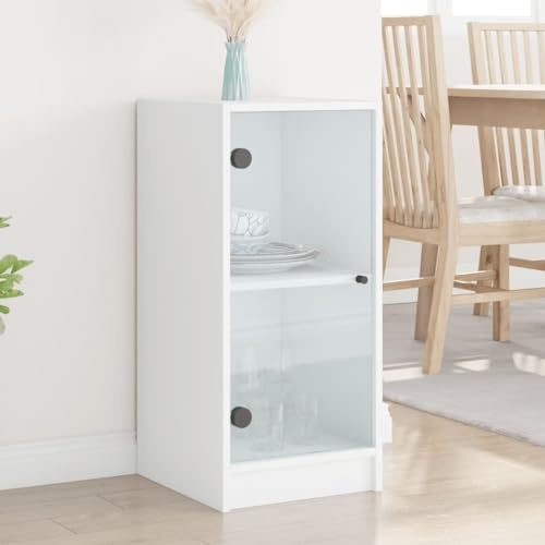 Homvdxl Schlankes Sideboard mit Glastür, 2 Würfel, Aufbewahrungs-Organizer, Vitrine für Wohnzimmer (weiß)