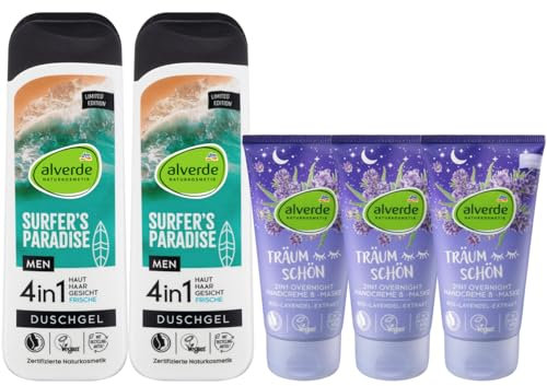 alverde Naturkosmetik 5er-Set Hautpflege: Duschgel MEN 4in1 SURFER'S PARADISE für Gesicht, Körper & Haare (2 x 250 ml) + Handcreme &-maske 2in1 TRÄUM SCHÖN Intensivpflege für Hände (3 x 75 ml), 725 ml