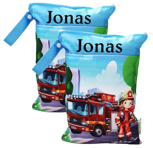 In Deutschland mit Namen personalisierte Wetbag Nasstasche mit 2 separaten Fächern, als Windelbeutel, im Kindergarten oder unterwegs (2 Stück Feuerwehr)