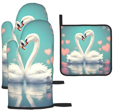 The Swan In Loveoven Mitts And Pan Racks 3 Piece Set, Kitchen Oven Mitts For Kitchen Cooking, &Baking And More.