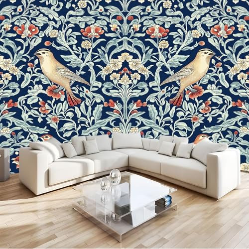 Vlies Fototapete William Morris Blumen Vögel - Foto Tapete Schlafzimmer Wohnzimmer Moderne Vliestapete 200 x 140 cm Wandtapete Bildtapete 3D Effekt Wand Dekoration