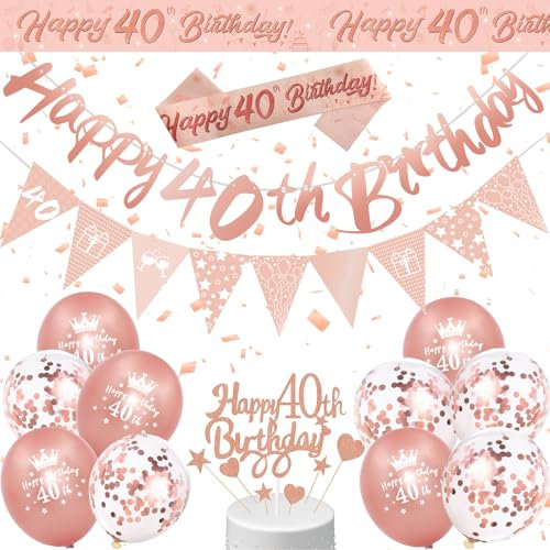 Bomiclss 40th Birthday Decorations for Women, 15Pcs Rose Gold Set with Banner, Bunting, Balloons, Triangle Flags, Confetti for Women Girls Birthday Party Decor Supplies