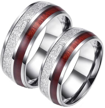 Calefee Trauringe Edelstahl Paarpreis, Ringe Partnerringe mit Gravur 8 mm Silberring aus Holz, Damen Größe 60 und Herren Größe 65