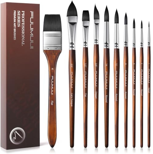 Fuumuui Lot de 10 pinceaux d'aquarelle professionnels en poils d'écureuil synthétiques pour artistes avec large plat, rond, détails, poignard, langue de chat pour aquarelle, gouache