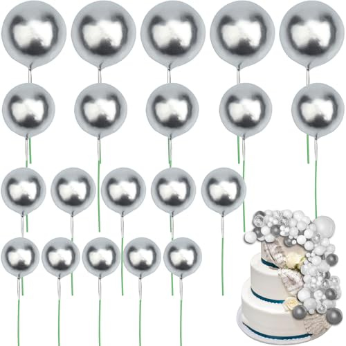 Roellgs 20 Pcs Gold Ball Cake Topper, Round Ball Cake Toppers, Craft DIY Bakeware Decorating Tools for Wedding Graduation Birthday Party (Silver)