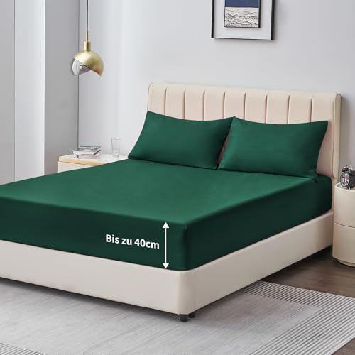 Aisbo Drap Housse 160x200 Grand Bonnet 40 cm - Drap Housse 2 Personnes 160 x 200 Grand Bonnet 40 cm Matelas en Microfibre Oeko-Tex avec Élastique Tout Autour, Vert Foncé