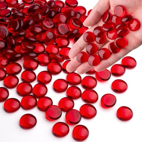 0.44KG Red Glass Marbles, Transparent and Smooth Flat Glass Beads for Vases, Mosaic Gem Pebbles for Aquarium Decor, Floral Arrangements, Mancala Stones, Vase Filler and Crafts (Approx. 85-100 PCS)