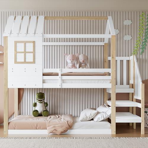 Lcoho Etagenbett, Bett mit Ecktreppe, Hausbett, Kinderbett mit Fallschutz und Gitter, mit Fenster, Einzigartiges Dachdesign, Kiefer+MDF, Weiß+Natur, 90x200cm (Ohne Matratze)
