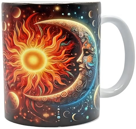 Shopi Zone Taza de cerámica Sol y Luna - Diseño cósmico en arte 3D, ideal para amantes del universo y la espiritualidad