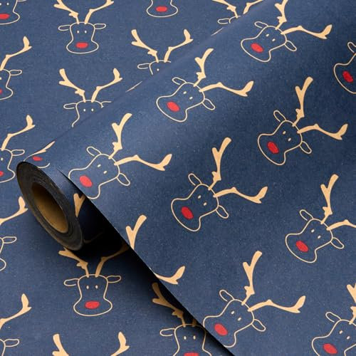 Rouleau de papier cadeau bleu 15 m, 43 cm, recyclable, kraft, imprimé élan, pour décoration de Noël et d'anniversaire