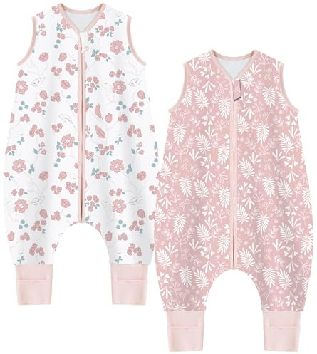Chilsuessy Baby Sommerschlafsack mit Füßen 2er Pack 1 Tog Kinder Schlafsack mit Beinen 100% Baumwolle Schlafstrampler für Jungen Mädchen, 1 Tog/Süße Blüten + Rosa, 80cm/Baby Höhe 90-100cm