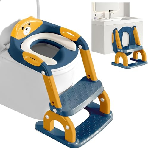 ZHONYEE Potty Training Seat for Toddlers - Upgrade 2-in-1 Toilet Seat Toilet Ladder for Kids Children Boys Girls, Anti-Slip Pad & Adjustable Height with Waterproof PVC Cushion - Dark Blue