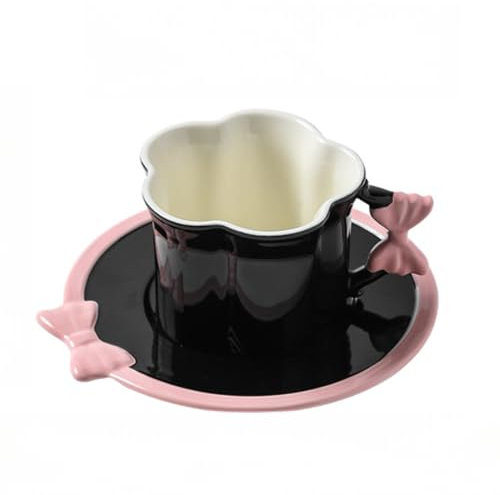 Flower Bow Mug Afternoon Tea Pull Cup Girly Heart Coffee Saucer Home Office Couple Water Set (Black Pink,300ml/10.15oz)