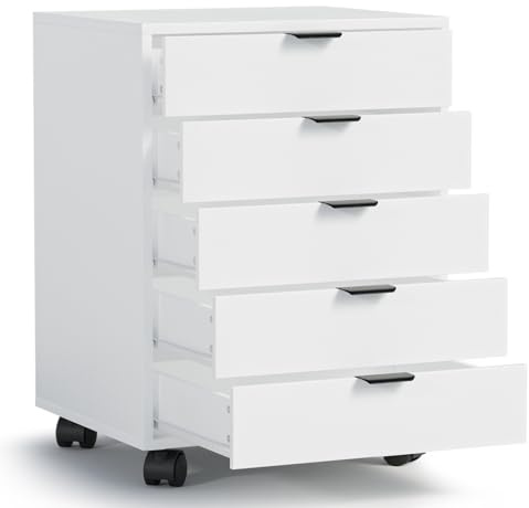 ELUCHANG Schubladenschrank, Rollcontainer, Mobiler Aktenschrank mit 5 Schubladen, Unter Schreibtisch SchrankBüro, Schubladenkommode für Zuhause Büro, Homeoffice, Weiß