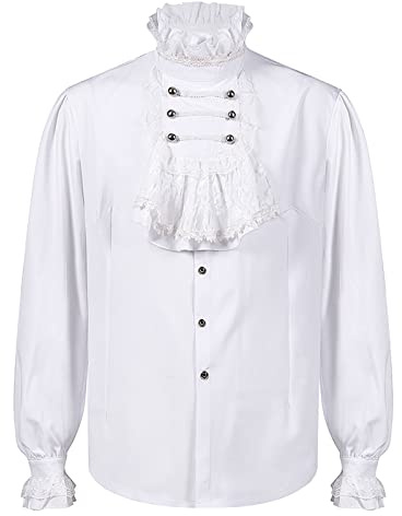 Chemise Médiévale Homme Col Jabot, T Shirt Manche Longue Homme Vintage Décontracté Couleur Unie Coupe Ample Chic Cour Blouse Renaissance Gothique Steampunk Cosplay pour Halloween Carnaval Haut