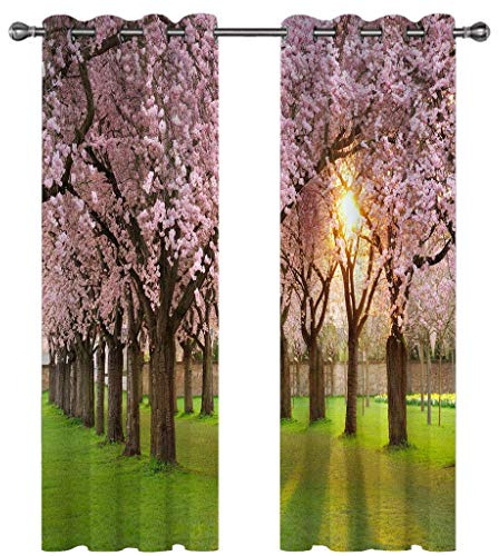 Blackout Curtains For Living Room Bedroom Nursery Decoration, Super Soft Thermal Insulated Eyelet Curtains Window Treatments 3D Printed Pink And Green Cherry Blossom Tree Scene Pattern 280X260Cm 2